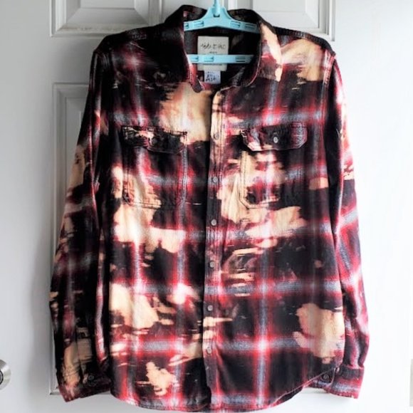 Upcycled Distressed Flannel Shirt WOODSTOCK Piece Love Music Graphic Tee Back - Picture 5 of 5